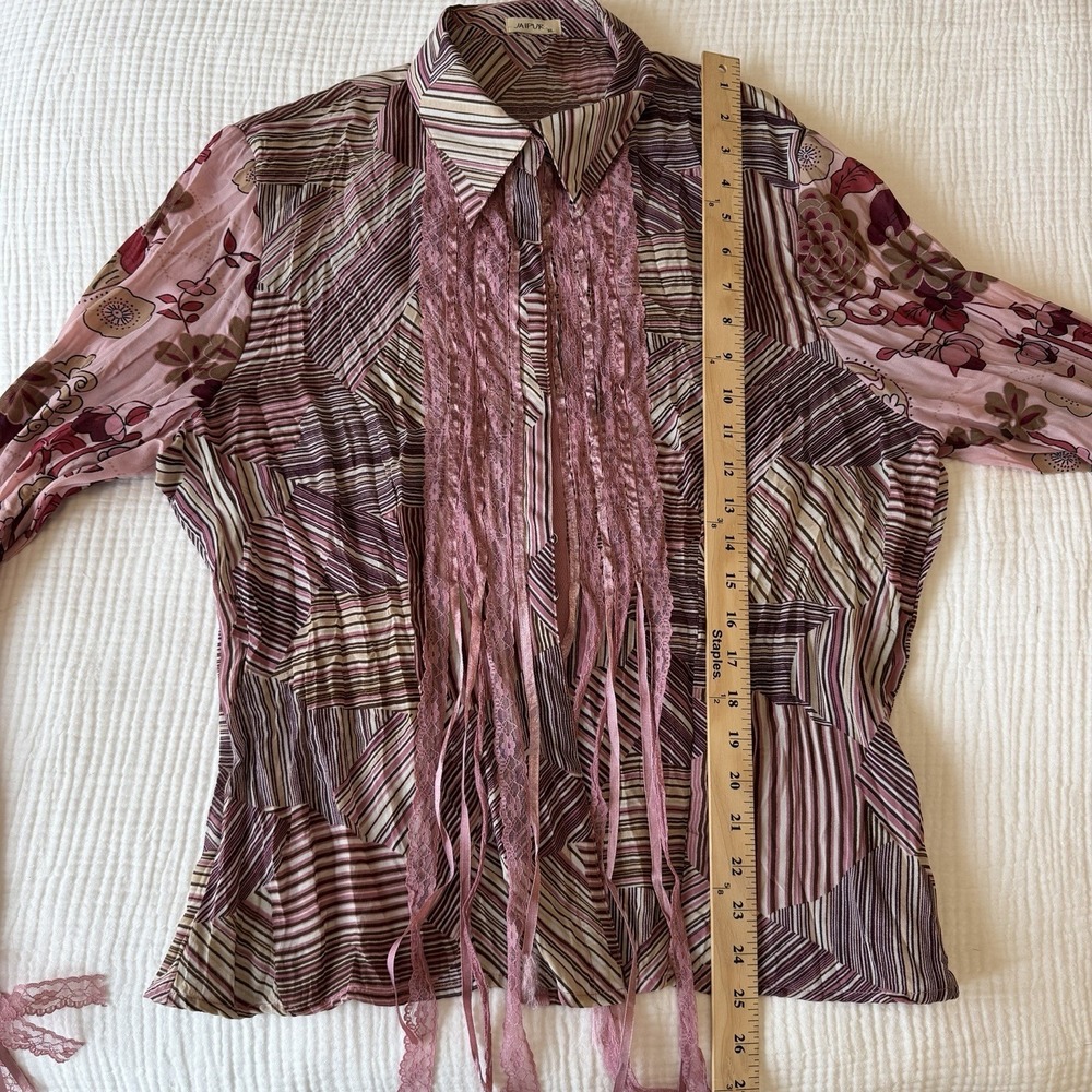Jaipur Y2K ButtonUp Satin Fairy Crinkle Blouse Top Lace Pink Women XL VTG Whimsy - Picture 4 of 8